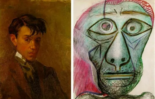 سمت چپ نقاشی پیکاسو در سن ۱۶ سالگی و سمت راست در سن ۷۲ سا
