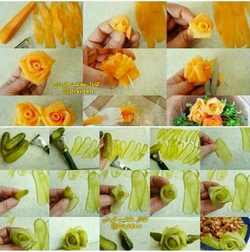 آموزش مرحله به مرحله ساخت گل با خیار و هویج
