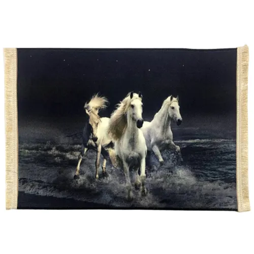 تابلو فرش سه اسب سفید در ساحل | تابلو فرش ماشینی طرح حیوانات کد 09007