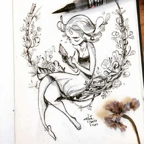 drawing fairy fantasy gold illustration ink nature sketch