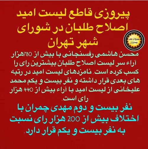 پیروزی قاطع لیست امید اصلاح طلبان در شورای شهر تهران ✌