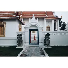 A young Thai monk making his way to the prayer hall. Bang