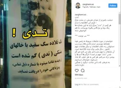 پست جنجالی اینستاگرام #ضرغامی آگهی گم شدن سگ با نام تدی +