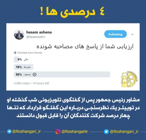 مشاور حسن روحانی پس از گفتگوی تلویزیونی دیشبِ او در توییت