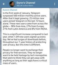 پاول دروف، مدیر تلگرام اعلام کرد که ۲۵ میلیون نفر در ۷۲ س