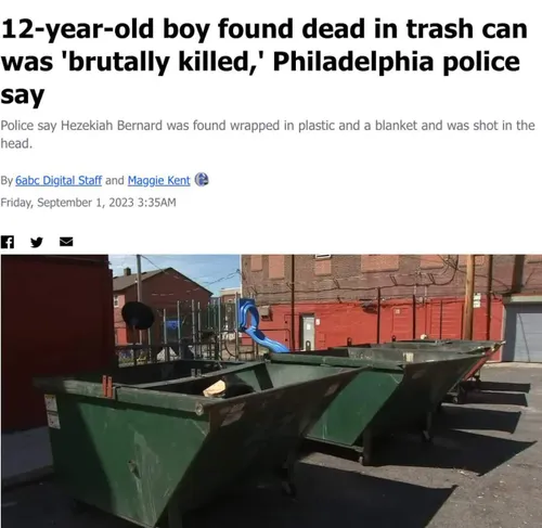 🔶جنازه ی پسر ۱۲ ساله تو فیلادلفیا ۳۶ ساعت تو سطل زباله بوده اتفاقی پیداش کردن