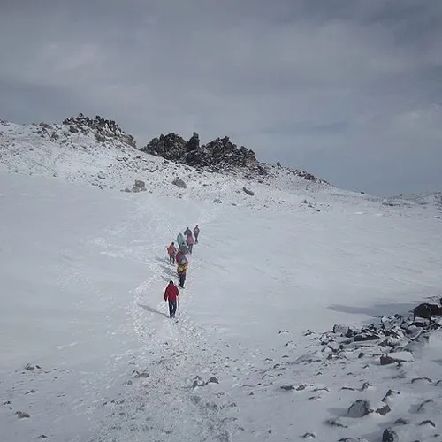 Mountaineers climbing the summit of Mount Savalan. Meshki