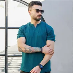 🏆تیشرت آستین کوتاه یقه کوبایی سبز مردانه مدل Asam