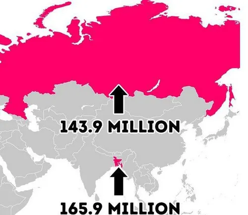 مساحت کشور بنگلادش ۱۱۶ هزار بار کوچک تر کشور روسیه است و 