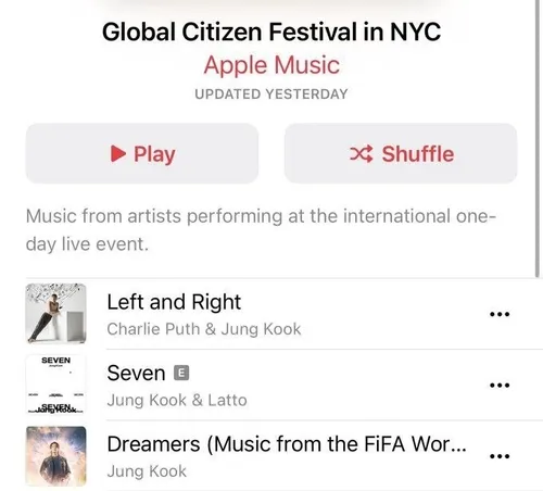 طبق پلی لیست رسمی Global Citizen Festival در اپل میوزیک، 