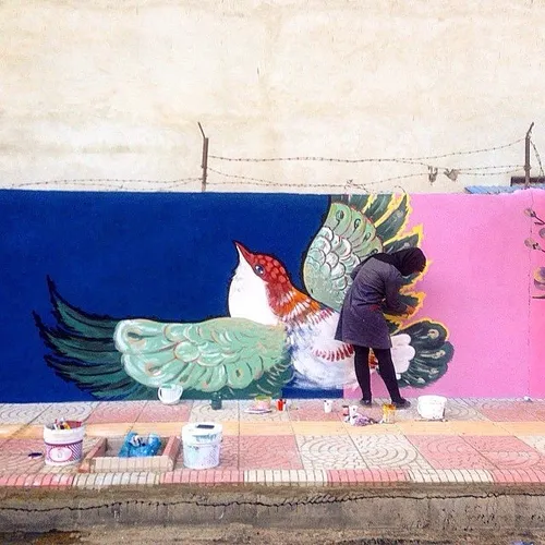 A woman painting a mural in a neighboroud in Sari, Mazand