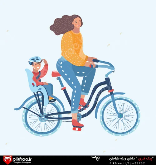 وکتور کارتونی زن و بچه در حال دوچرخه سواری