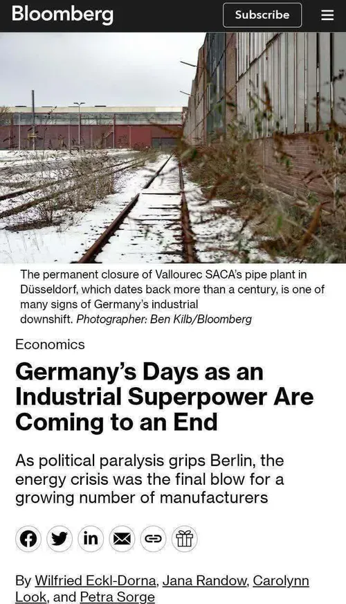 🔸روزهای آلمان به عنوان یک ابرقدرت صنعتی رو به پایان است.