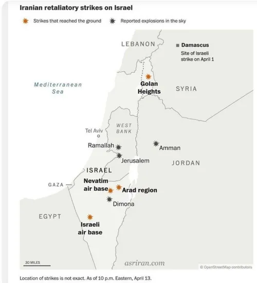 نقشه واشنگتن پست از نقاطی در اسرائیل که شب گذشته ایران آن
