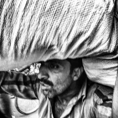 An Indian labourer carries a huge sack on his head for de