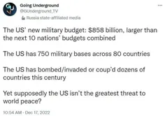 🔺 بودجه نظامی جدید ایالات متحده ۸۵۸میلیارد دلار است؛ یعنی