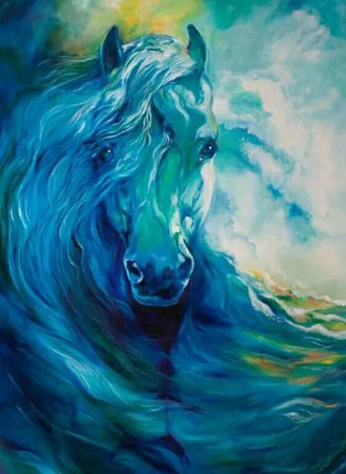 نقاشی اسب رام زیبا آبی هنر نجیب خاص کپی با ذکر صلوات جهت 