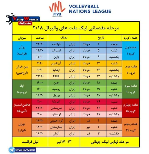 برنامه مسابقات تیم ملی در لیگ ملت های والیبال 2018+ساعت