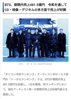 طبق گزارش Oricon بی‌تی‌اس در پنج سال گذشته با 48.15 میلیا