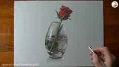 نقاشی گل رُز قرمز در گُلدان شیشه ای