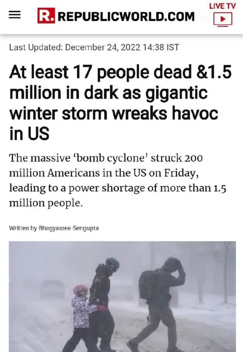 بر اثر طوفان و سرما در آمریکا ۱۷ نفر مردن