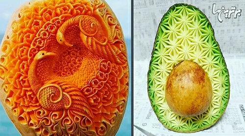حکاکی طرح های ظریف و موزاییکی روی میوه ها و سبزیجات