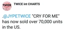 ترک Cry for Me موفق به فروش ۷۰ هزار نسخه در آمریکا شد🍂··• #info