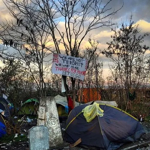 A banner at the Greek-Macedonian border, left by stranded