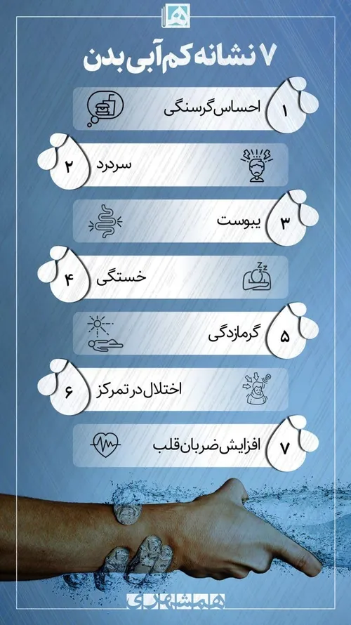 ۷ نشانه کم آبی بدن