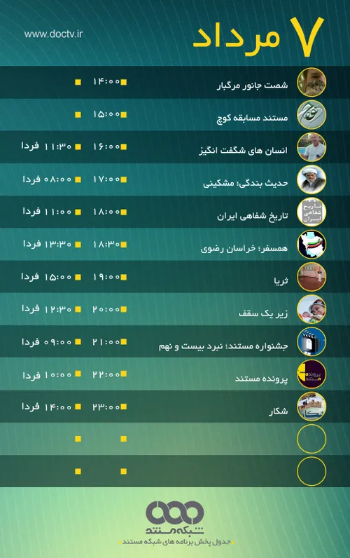 جدول پخش شبکه مستند سیما در روز یکشنبه 7 مرداد 97