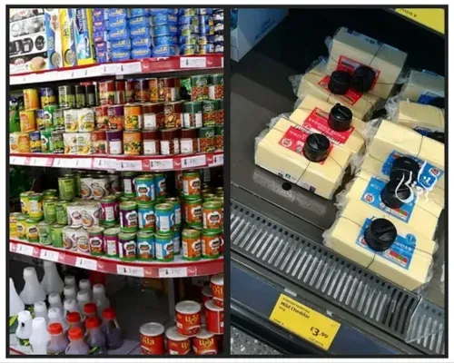 🔻️ تصویر سمت چپ وضعیت قفسه ها در فروشگاههای ایرانه، سمت ر