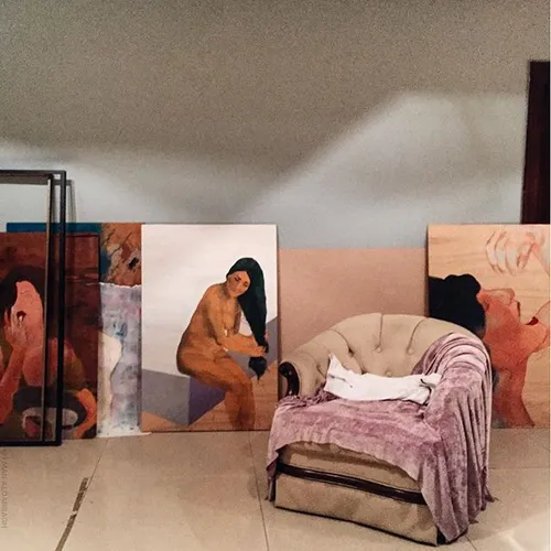 Inside Zahra's studio, paintings waiting to dry for the n