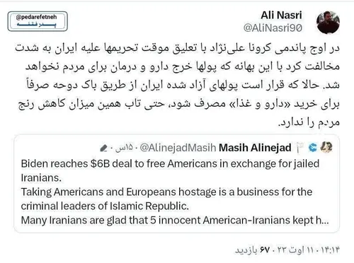 ⭕️ چرا مسیح علینژاد از آزاد شدن اموال ایران عصبانی است؟!