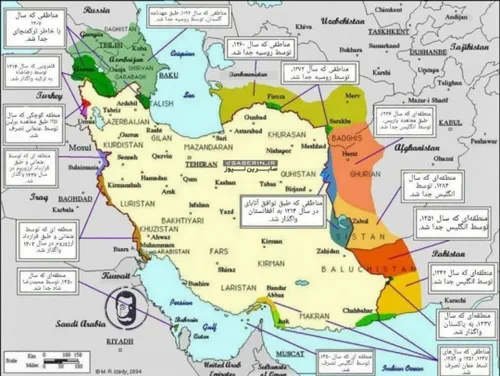بخش هایی از نقشه ایران که با توافقنامه های مختلف از آن جد