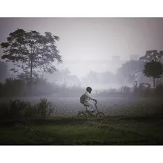 A boy riding a bicycle across foggy fields in Delhi. Phot