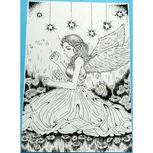 artwork ink art angel beautiful blackandwhite flowers gir