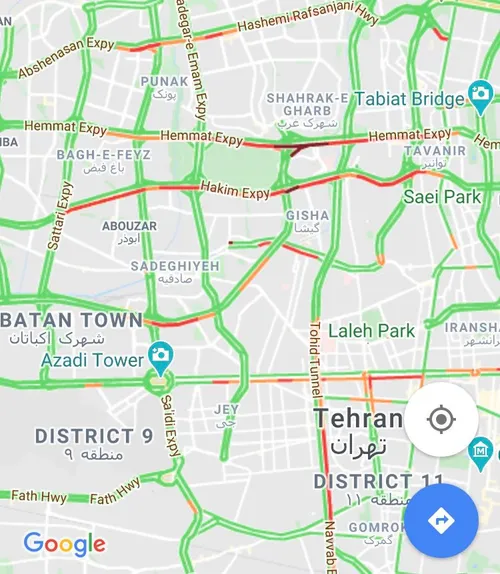تصویر گوگل از ترافیک سنگین حکیم ، همت، توحید در روز هایی 