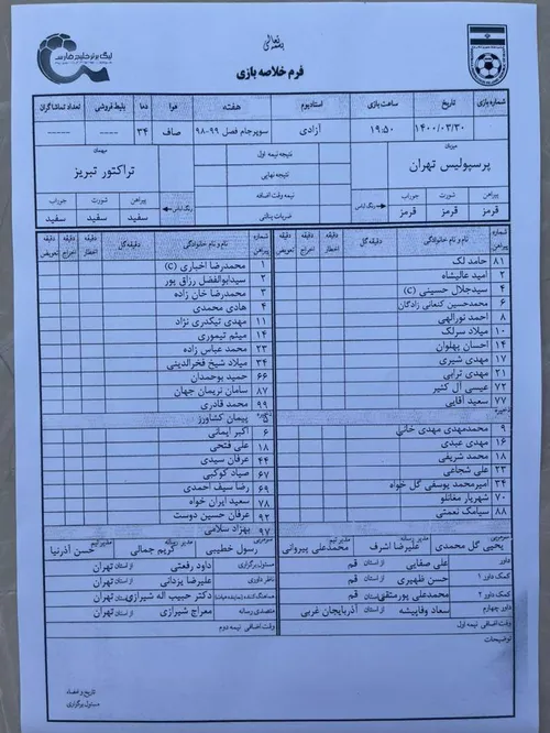 لیست بازیکنان اصلی و ذخیره پرسپولیس و تراکتورسازی