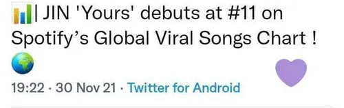 🥂✨آهنگ Yours با رتبه ی 11 در چارت Global Viral Songs اسپا