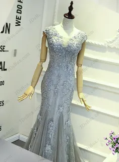 Item: PD16018 Gray keyhole back lace mermaid prom gown dr