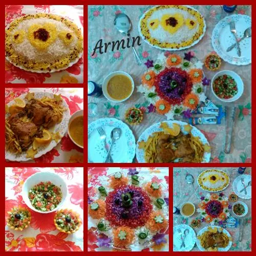 مرغ پرتقالی زرشک پلو سالاد فصل و شیرازی