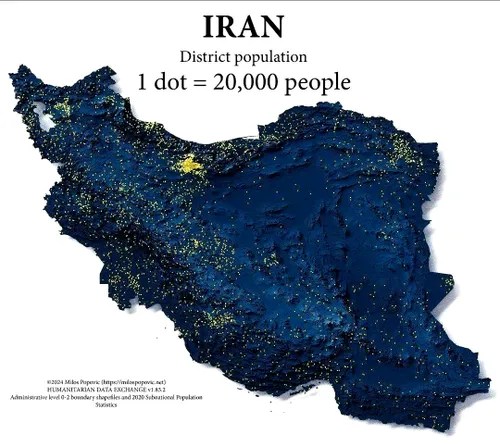 نقشه تراکم نقطه ای، که توزیع جمعیت در سراسر مناطق ایران ر